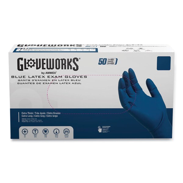 Gloveworks By Ammex Disposable Gloves, 13 mil Palm, Latex, Powder-Free, L, 500 PK, Blue GPLHD86100 - main